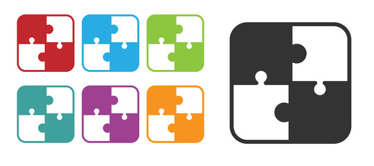 Black Puzzle pieces toy icon isolated on white background. Set icons colorful. Vector.