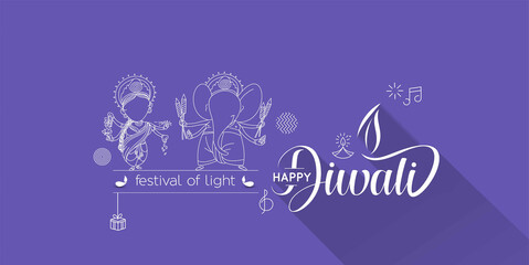 Diwali Hindu festival greeting card, Hand Drawn line art Vector illustration.