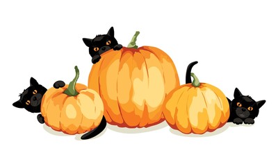 Black kittens play with pumpkins.  Funny vector illustration, Halloween card.