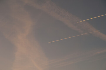 Airplanes and contrails of another airplanes in the sky. Huesca. Aragon. Spain.