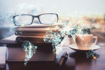 Social network theme drawing with glasses on the table background. Concept of people media connection. Double exposure.