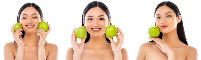 collage of nude asian woman holding whole green apples near face isolated on white, panoramic concept