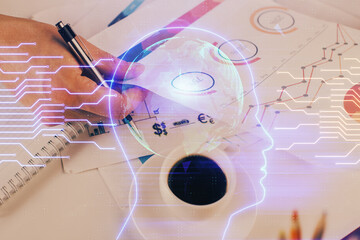 Man with multi exposure atificial intelligence brain icons.