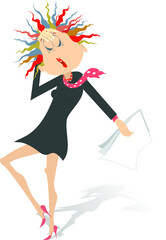 Tired and sickness woman isolated illustration. Tired and feels sick young woman holds papers and puts hand on the head isolated on white
