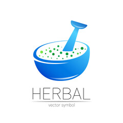 Vector mortar and pestle blue symbol logo. Herbal icon concept for medicine, vegetarian, therapy, pharmacology and business. Organic sign illustration. Modern ecology logotype or label.