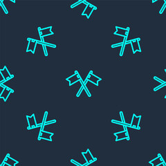 Green line Crossed medieval flag icon isolated seamless pattern on blue background. Country, state, or territory ruled by a king or queen. Vector.