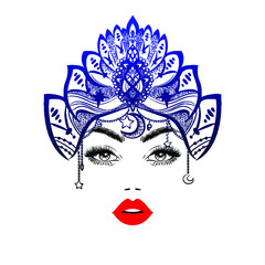 Beautiful woman logo, hairstyle, red lipstick, eyelash extensions, tribal style crown. Asian motive,ethnic style, spa salon, sign, symbol, nails studio. Print wallpaper background. Vector illustration