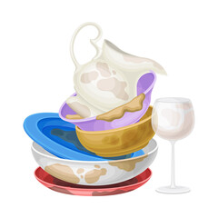 Pile of Dirty Dishes and Utensils with Plates and Glass Vector Illustration