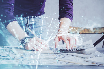 Man's hands working with notes background. Genetic engineering and gene manipulation concept.