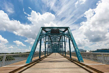 Downtown Chattanooga Tennessee, the famous Walnut Street Bridge is a pedestrian bridge that crosses over the Tennessee River 