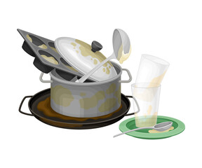 Pile of Dirty Dishes and Utensils with Saucepan and Glasses Vector Illustration