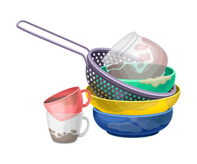 Pile of Dirty Dishes and Utensils with Plates and Cups Vector Illustration