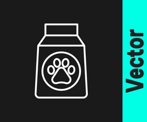 White line Bag of food for dog icon isolated on black background. Dog or cat paw print. Food for animals. Pet food package. Vector.