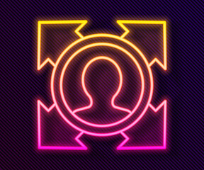 Glowing neon line Head hunting icon isolated on black background. Business target or Employment sign. Human resource and recruitment for business. Vector.