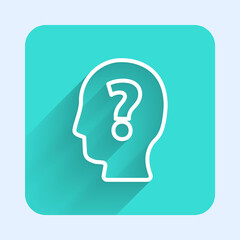White line Human head with question mark icon isolated with long shadow. Green square button. Vector.