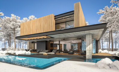 3d rendering of modern cozy house with parking and pool for sale or rent with wood plank facade and beautiful landscaping on background. Cool winter day with shiny white snow.