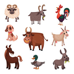 Farm Animals with Horned Bull and Goat Vector Set
