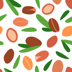 seamless pattern with argan oil. argan berries with leaves. modern abstract design for background, packaging paper, cover, fabric, card, cosmetics and oil