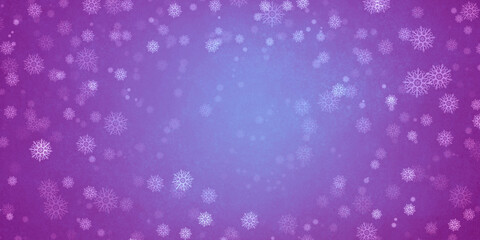 Purple festive decorative Christmas winter background with snowflakes. Darkened edges and light middle, space for text.
