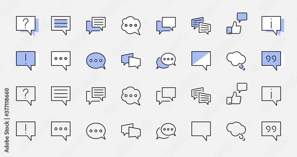 Poster set of speech bubble chat vector lines of icons. editable stroke. 32x32 pixels.