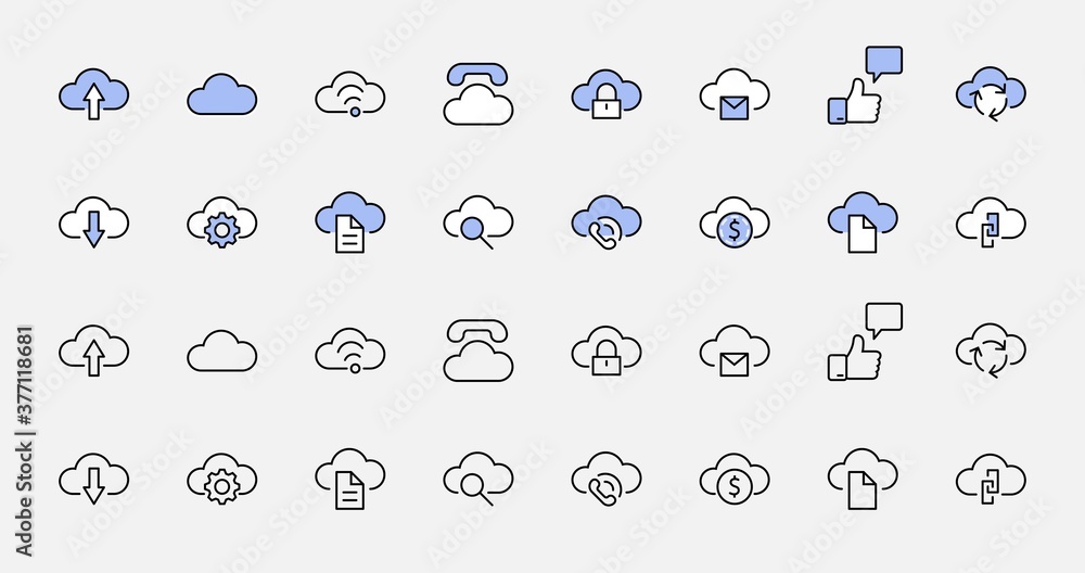 Poster set of cloud vector line icon. it contains symbols to upload, download, link and more. editable stro