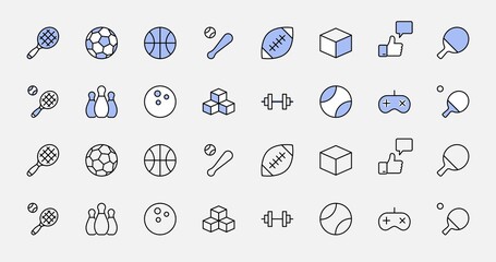Set of Sports balls, hobbies, entertainment vector line icons. It contains symbols of football, basketball, bowling, tennis and much more. Editable Stroke. 32x32 pixels.