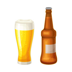 Lager Beer Mug with Bottle as Traditional German Beverage Vector Illustration