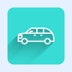 White line Hatchback car icon isolated with long shadow. Green square button. Vector.