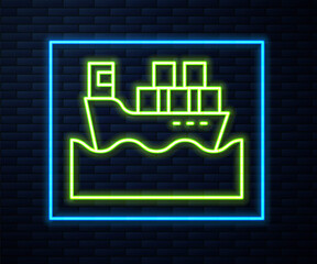 Glowing neon line Cargo ship with boxes delivery service icon isolated on brick wall background. Delivery, transportation. Freighter with parcels, boxes, goods. Vector.