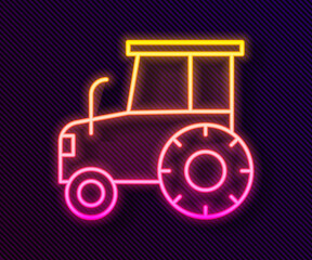 Glowing neon line Tractor icon isolated on black background. Vector.