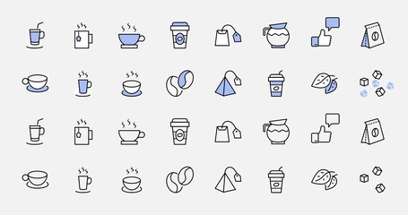 Set of Coffee and Tea Vector Line Icons. Contains such Icons as Cup of Tea, Teabags, Coffee beans and Green Tea Leaves, a pitcher of Water, Sugar Cubes and more. Editable Stroke. 32x32 Pixel Perfect