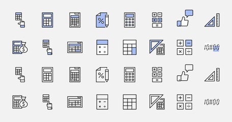 Set of Calculation Vector Line Icons. Contains such Icons as Calculator Icon, Pencil, Click, Money Bag, Percent symbol, Square and Ruler. Editable Stroke. 32x32 Pixel Perfect.