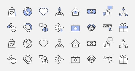 International Day for the Poor Vector Line Icons Set. Contains such Icons as Heart, planet Earth, Handshake, money, Donate, Medicines, Plane and more. Editable Stroke. 32x32 Pixel Perfect