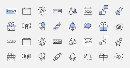 Happy New Year Pigs. Set vector line icon. Contains such Icons as Pig, Christmas Tree, Calendar 2019, Bow, Balloons, Bell, Candy, Gift Box, Stars, Snowflake. Editable Stroke. 32x32 Pixel Perfect