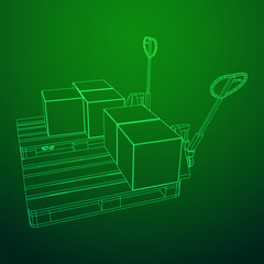 Hand pallet jack lift with pallet and stacked goods cardboard boxes. Manual forklift. Logistics shipping concept. Wireframe low poly mesh vector illustration.