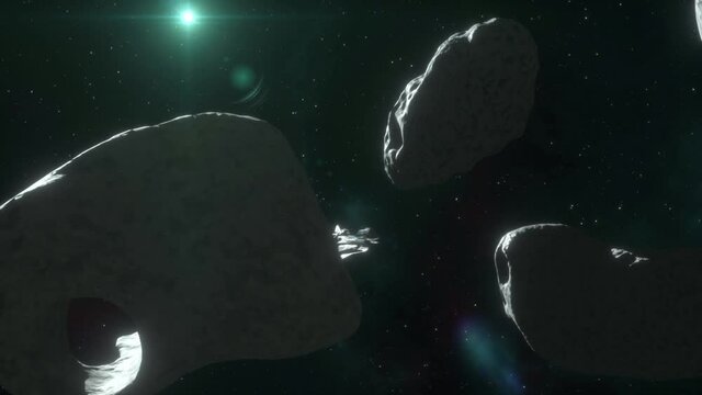 Futuristic Spaceship Approaching Through an Asteroid Field