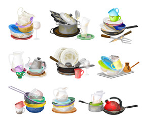 Piles of Dirty Dishes and Utensils with Plates and Cups Vector Set