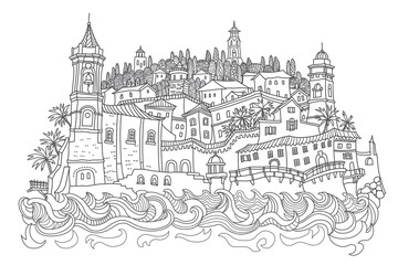 Vector fantasy urban Mediterranean landscape with sea waves, medieval European old town castle, fairytale buildings.Hand drawn doodle sketch. Tee shirt print, brochure cover, adults coloring book page
