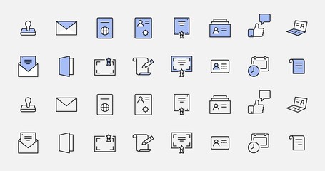 Set of Legal Documents Related Vector Line Icons. Contains such Icon as Visa, Contract, Declaration, License, Permission, Grant and more. Editable Stroke. 32x32 Pixel Perfect