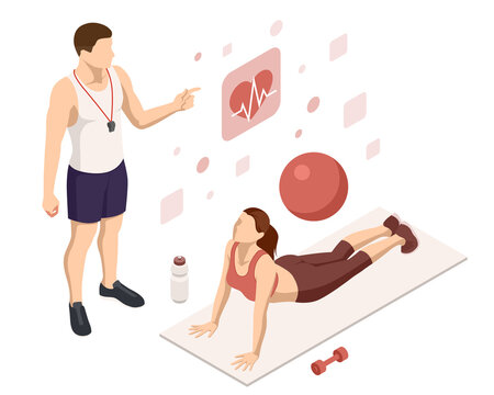 Isometric Woman doing fitness and yoga exercises. Online fitness and training concept.
