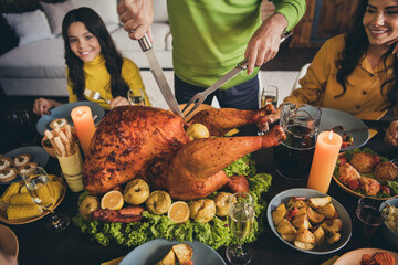Portrait of nice attractive cheerful family meeting cutting turkey sitting around table eating fresh tasty yummy homemade festal dishes at modern loft industrial wooden interior house apartment