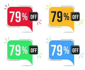79% off. Red, yellow, green and blue tags with seventy-nine percent discount. Banner with four colorful balloons with special offers vector.