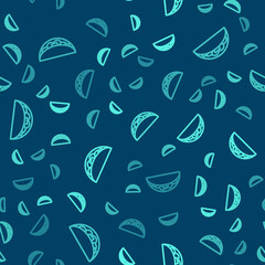 Green line Taco with tortilla icon isolated seamless pattern on blue background. Traditional mexican fast food menu. Vector.