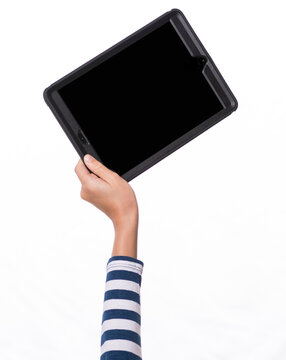 child's hand holding a tablet, white background