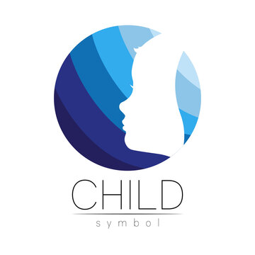 Child logotype in few blue circle colors, vector. Silhouette profile human head. Concept logo for people, children, autism, kids, therapy, clinic, education. Template symbol, modern design on white