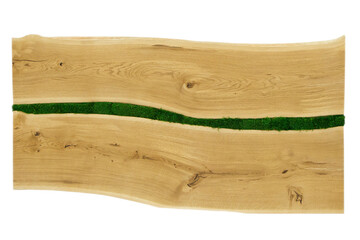 Exclusive home table, solid wood slab, wood texture background. Stylish table with moss elements.