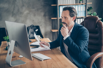 Profile side view portrait of his he nice handsome busy man executive specialist online appointment...