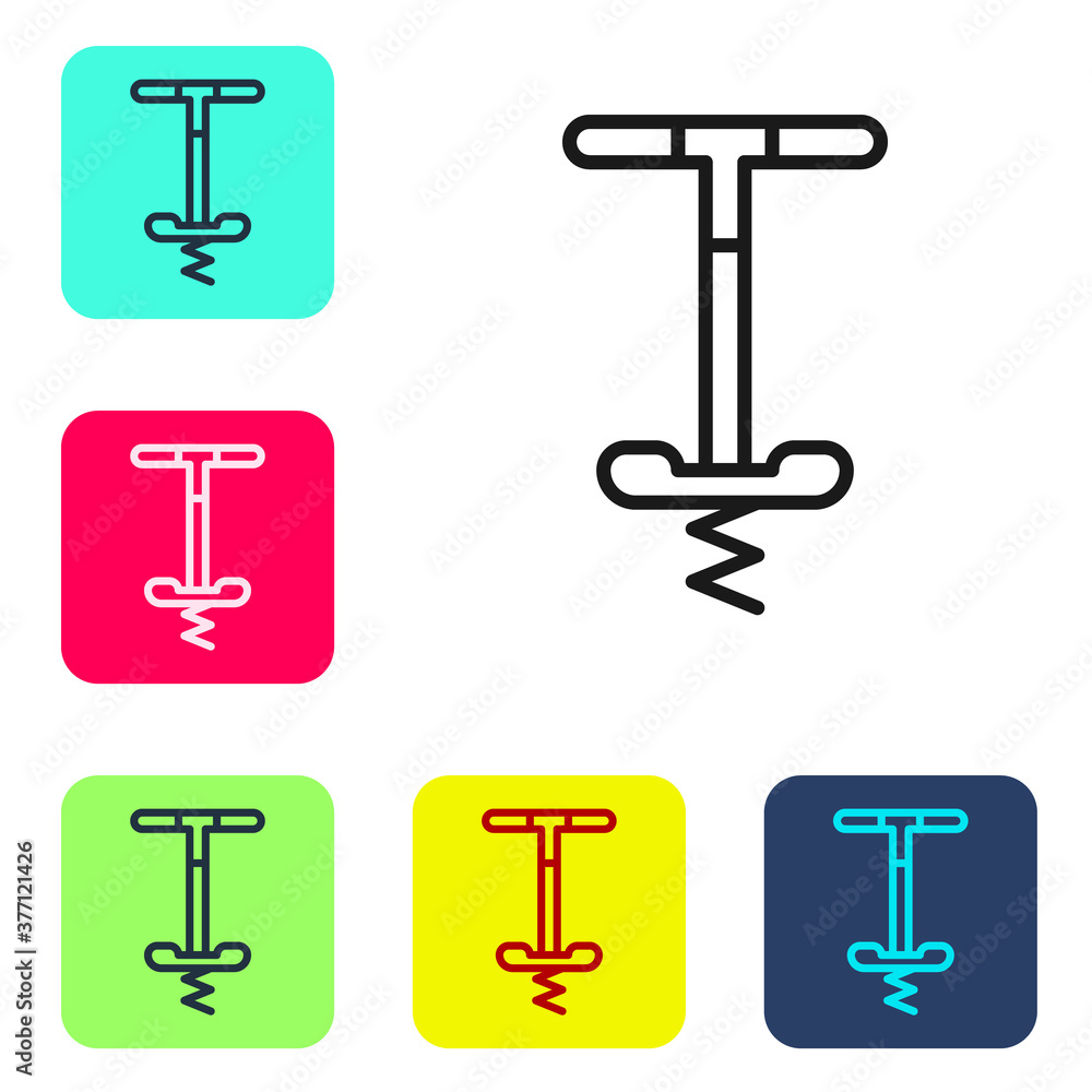 Poster Black line Pogo stick jumping toy icon isolated on white background. Set icons in color square buttons. Vector.
