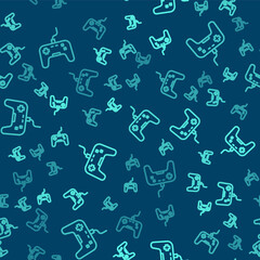 Green line Gamepad icon isolated seamless pattern on blue background. Game controller. Vector.