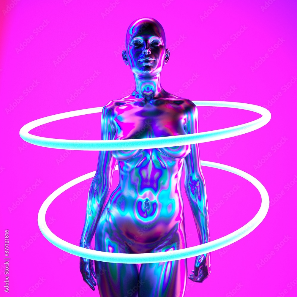 Poster artificial goddess with neon nimbus in fluorescent ultraviolet light. 3d rendering illustration in c